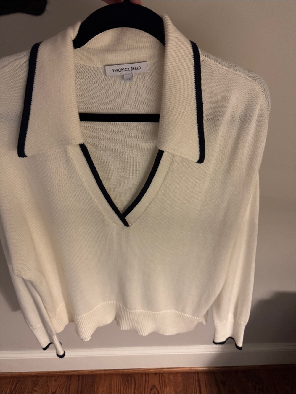 Veronica Beard Cream V-Neck Polo Sweater with Black Trim